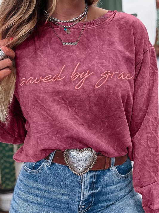 Saved By Grace Letter Embroidery Mineral Wash Loose Sweatshirt - Tigbul's Variety Fashion Shop
