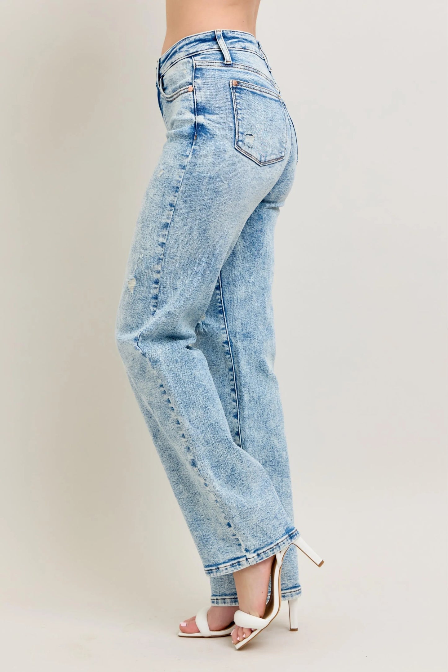 Judy Blue High Waist Mineral Wash Distressed 90's Straight Jeans - Tigbul's Variety Fashion Shop