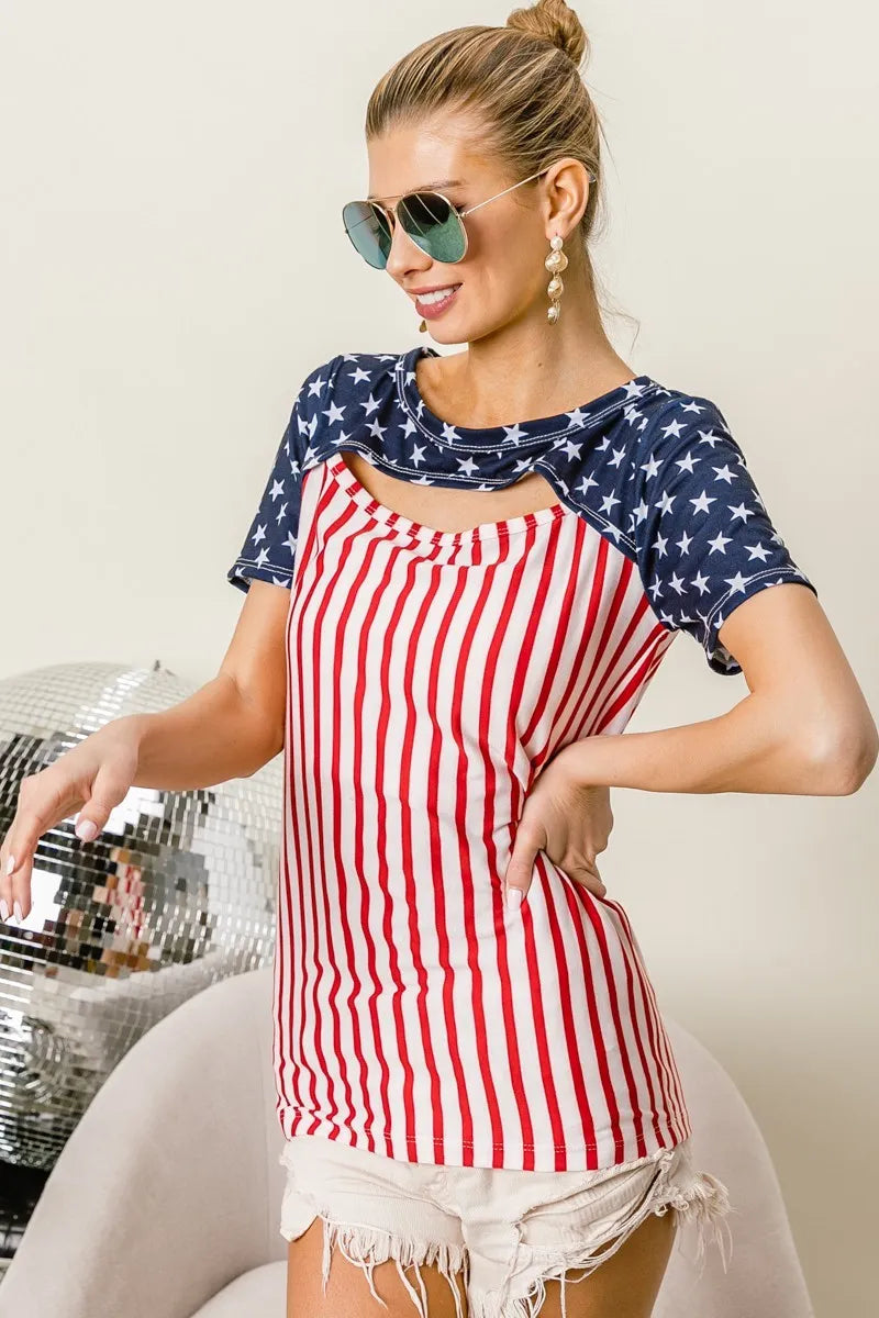 American Flag Theme Front Cut Out Top - Tigbul's Variety Fashion Shop
