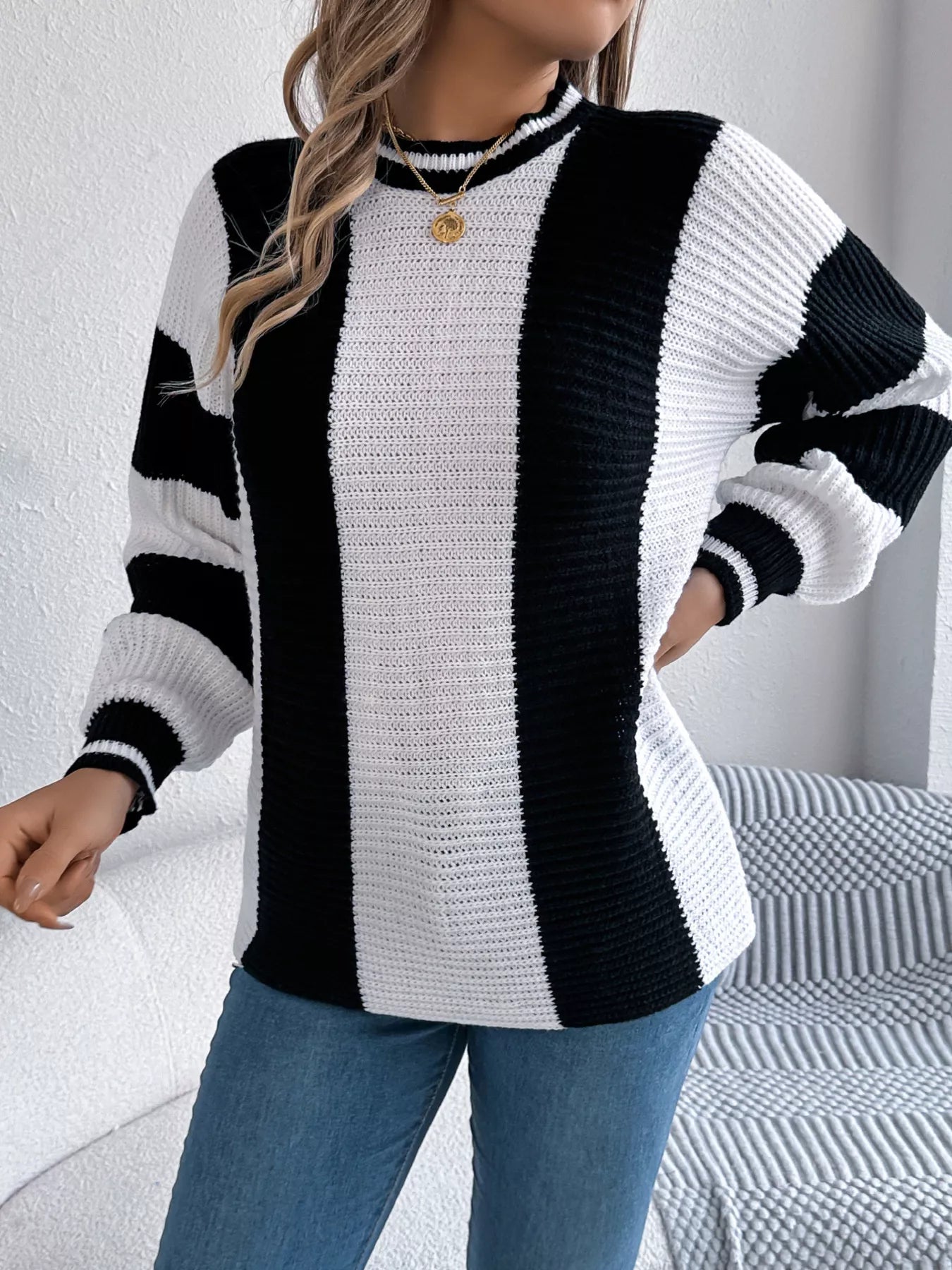 Color Block Round Neck Sweater - Tigbul's Variety Fashion Shop