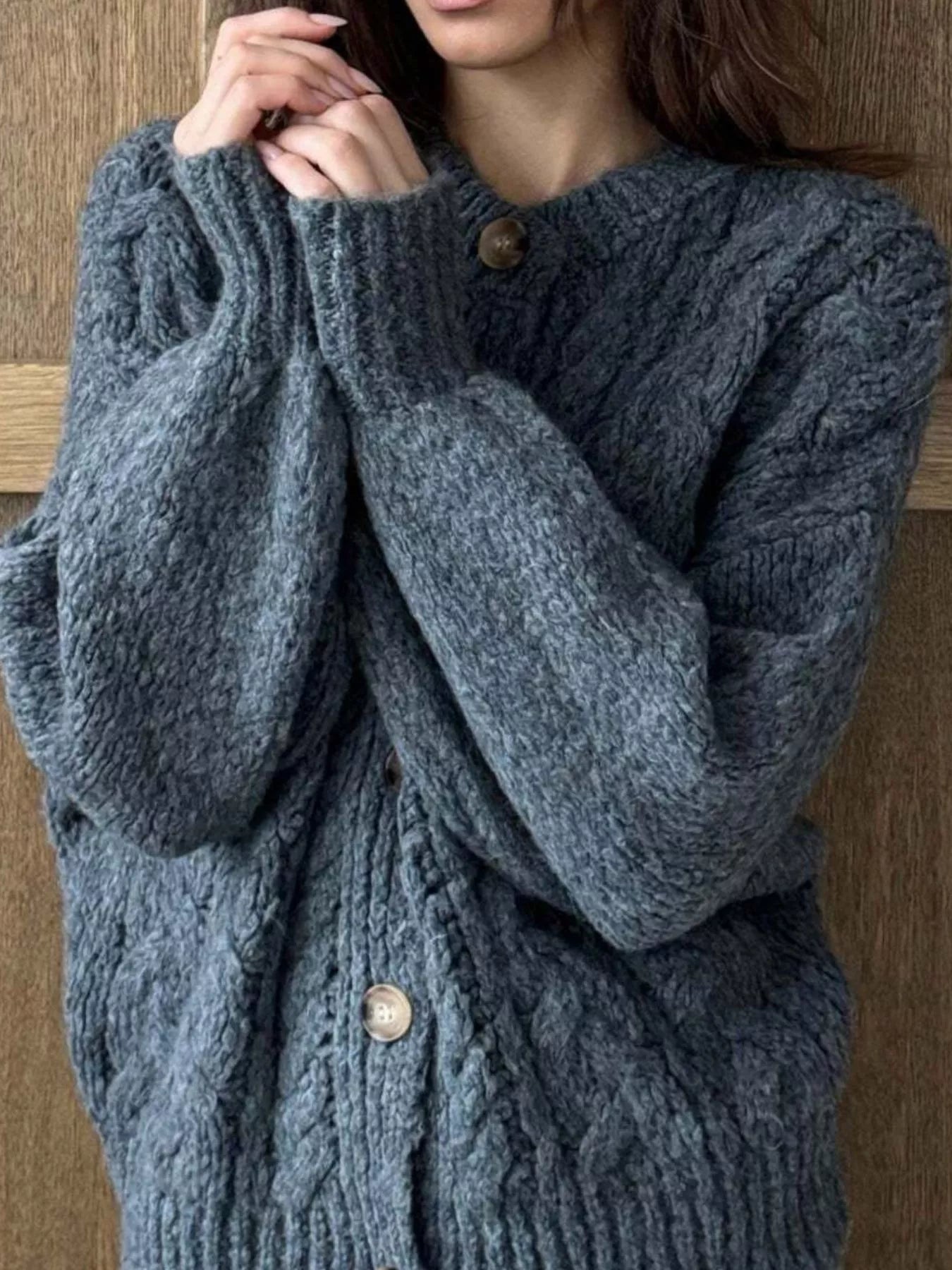 Cable Knit Button-Down Cardigan - Tigbul's Variety Fashion Shop