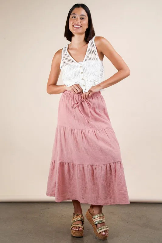 Pink Elastic Waist Tiered Maxi Skirt - Tigbul's Variety Fashion Shop