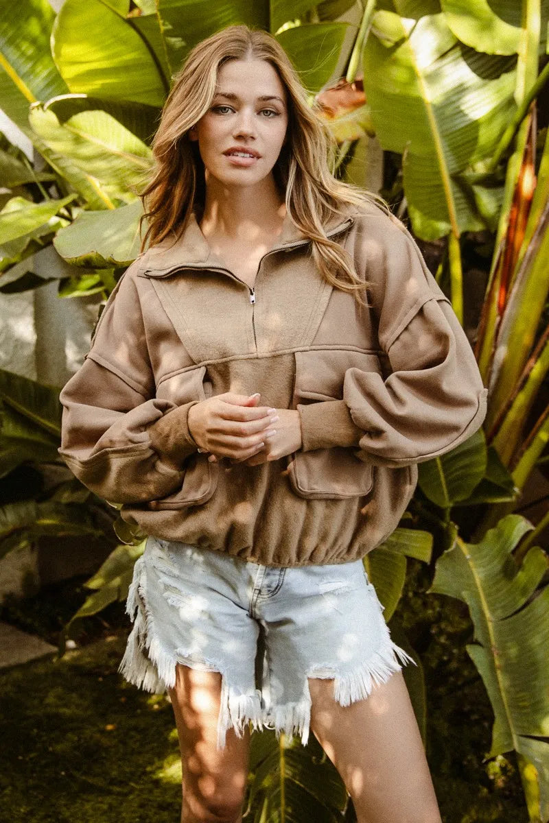 BiBi Half Zip Vintage Washed Fleece Pullover - Tigbul's Variety Fashion Shop