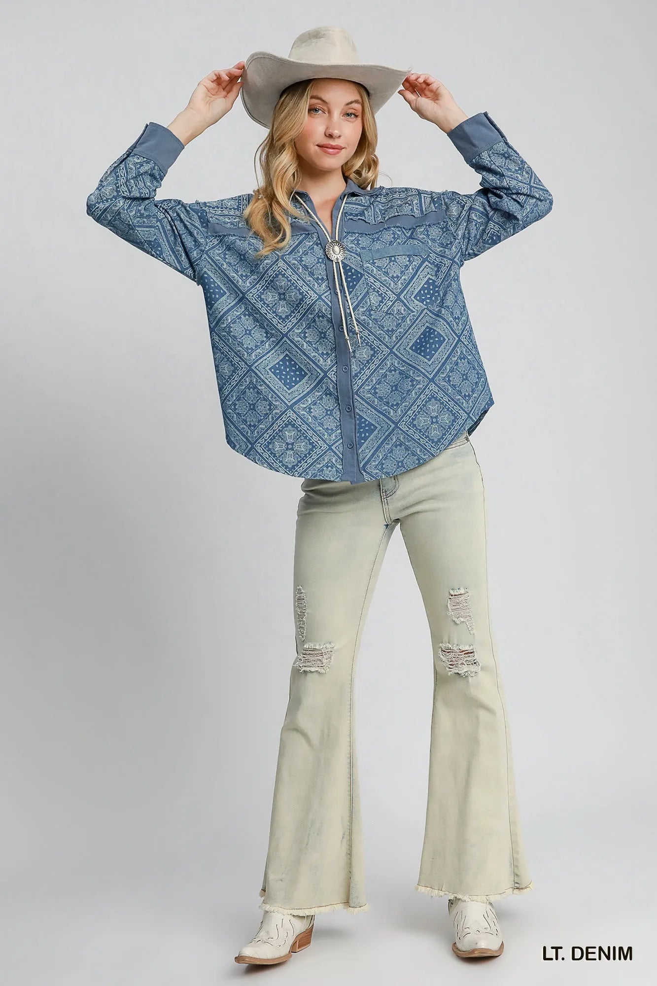 Umgee Paisley Print Denim Shirt Jacket - Tigbul's Variety Fashion Shop