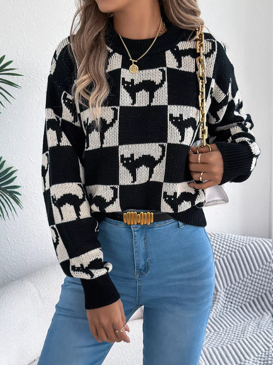 Cozy Cat Checkerboard Pattern Sweater - Tigbul's Variety Fashion Shop