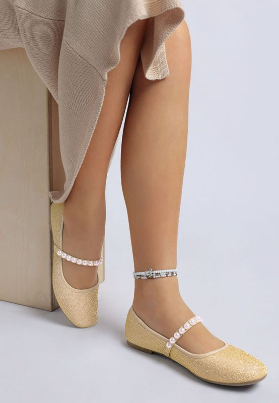 Corphee Pearl Strapped Glitter Ballerinas - Tigbul's Variety Fashion Shop