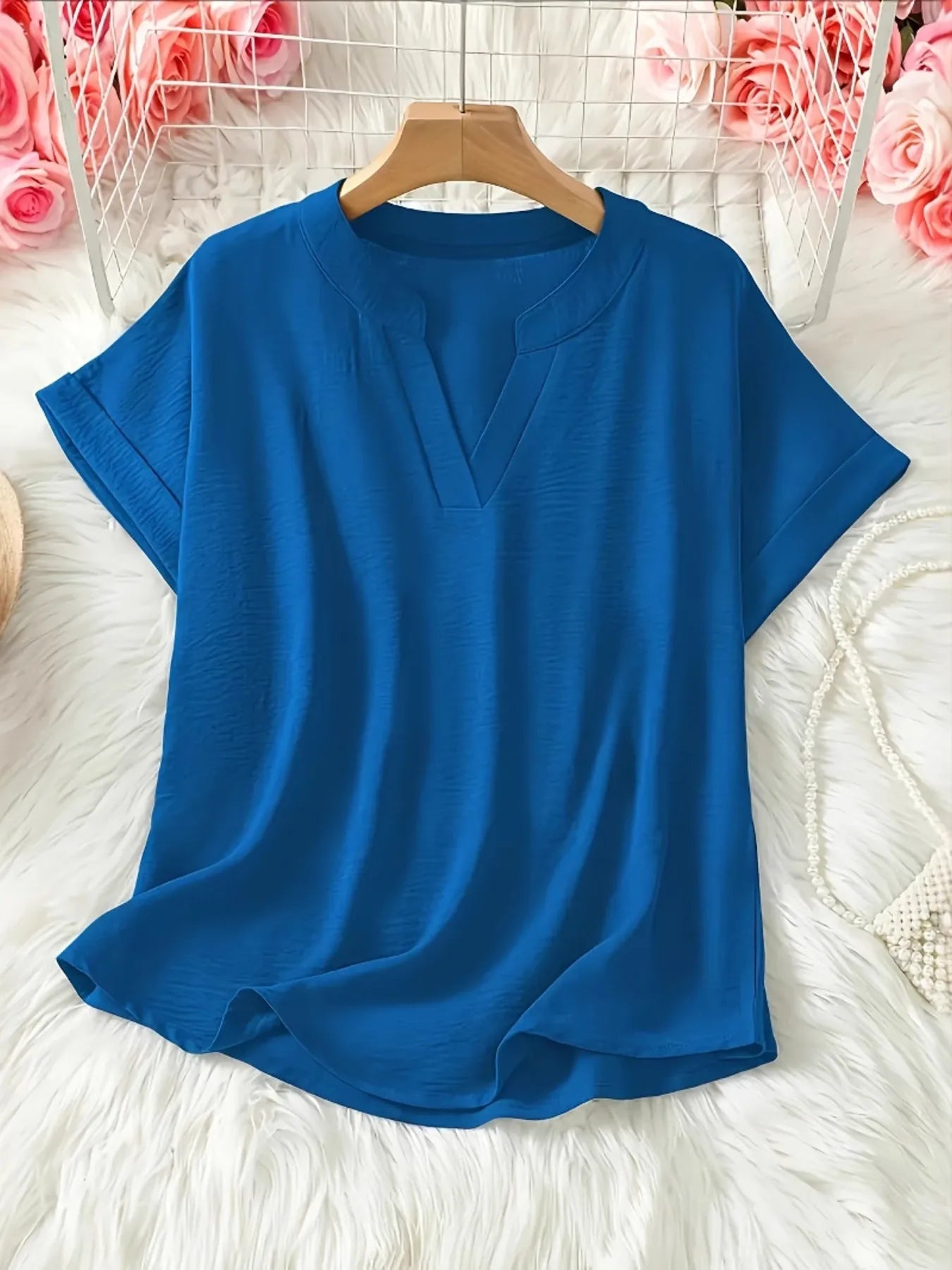Casual Notched Short Sleeve Blouse - Tigbul's Variety Fashion Shop