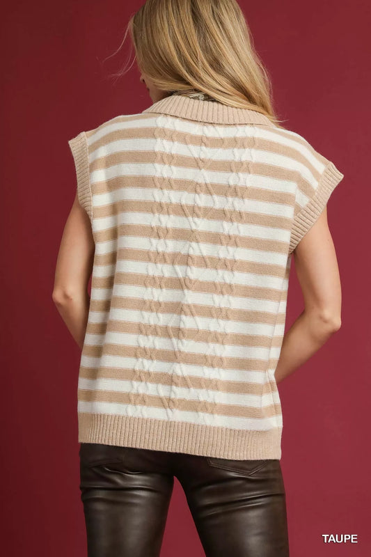 Umgee Cable Knit Collared Striped Vest Sweater - Tigbul's Variety Fashion Shop
