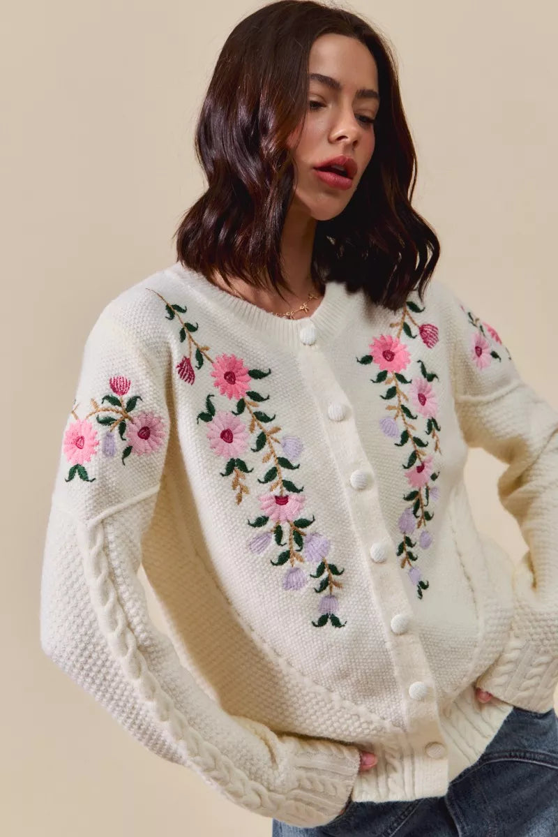SO ME Floral Embroidered Coquette Sweater Cardigan - Tigbul's Variety Fashion Shop