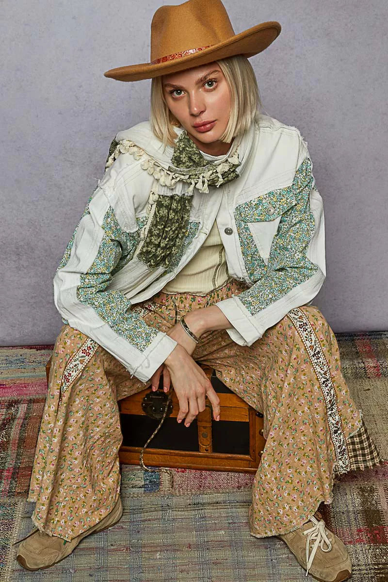 POL Button Down Patchwork Denim Jacket with Floral Print Details - Tigbul's Variety Fashion Shop