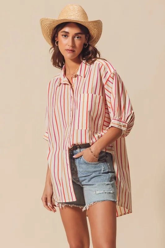 Pink Multicolored Stripe Button Down Shirt - Tigbul's Variety Fashion Shop