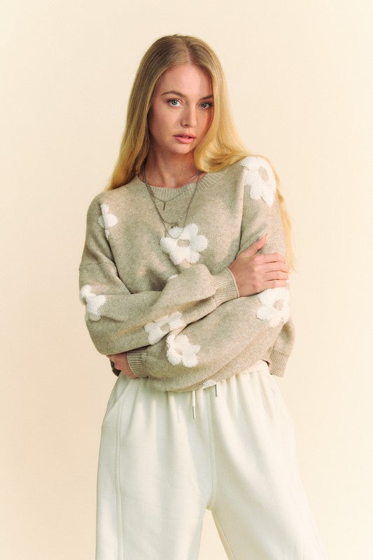 Tan Floral Drop Shoulder Cropped Sweater - Tigbul's Variety Fashion Shop