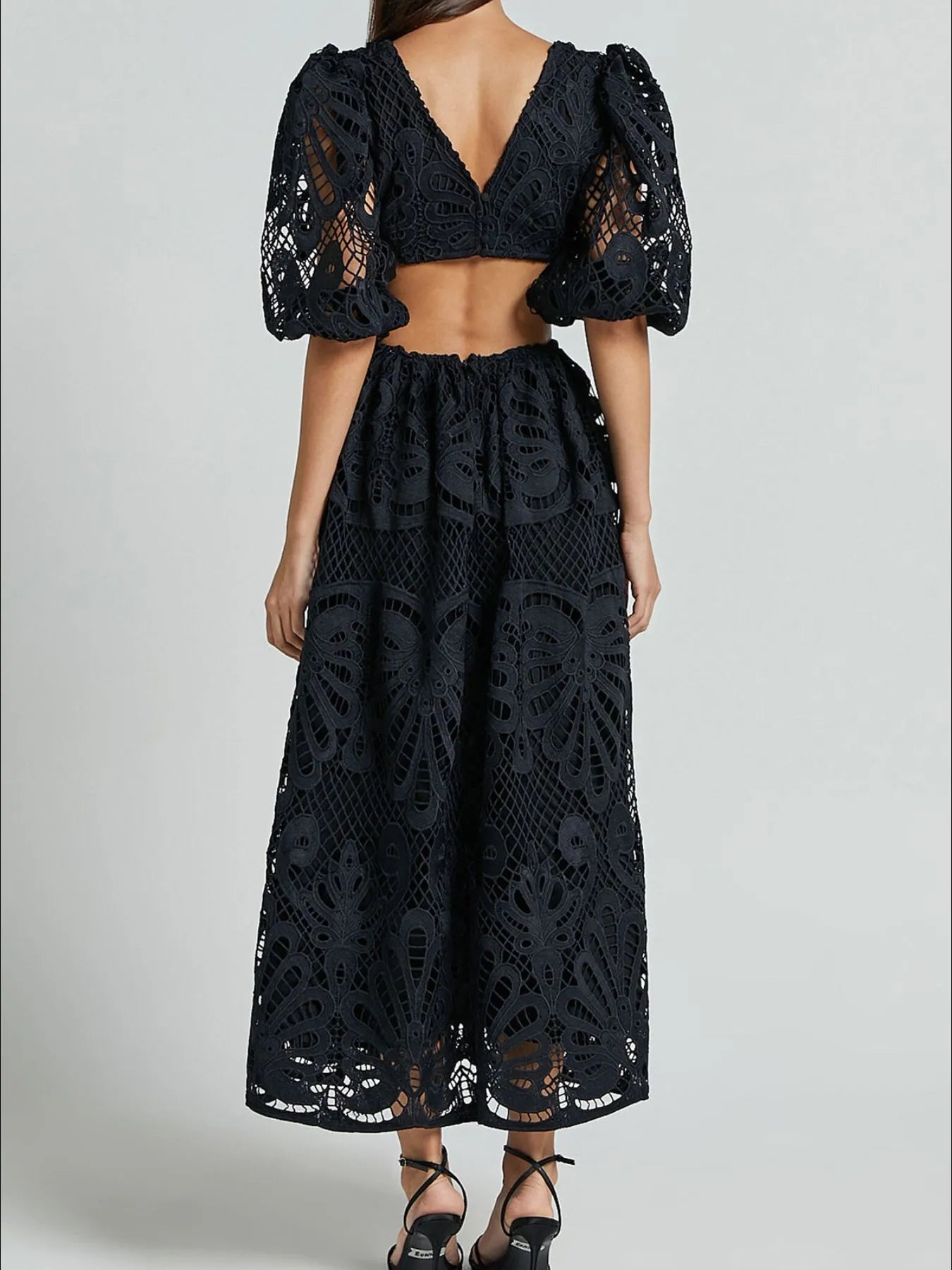 Cutout Back Lace Crochet V-Neck Dress - Tigbul's Variety Fashion Shop