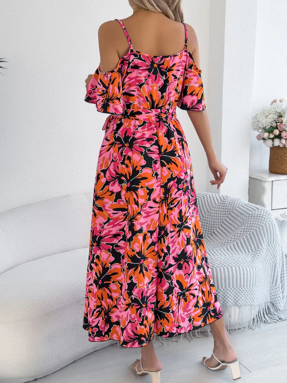 Printed Cold Shoulder Midi Cami Dress - Tigbul's Variety Fashion Shop