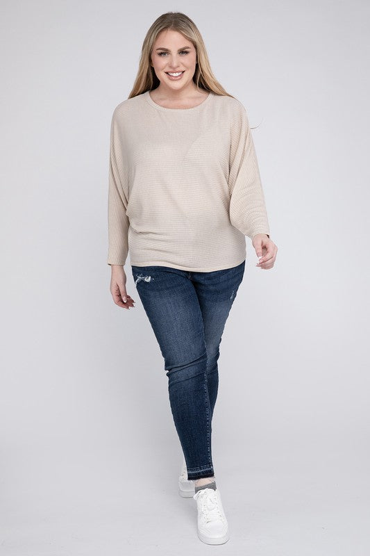 Plus Ribbed Batwing Long Sleeve Boat Neck Sweater - Tigbul's Variety Fashion Shop