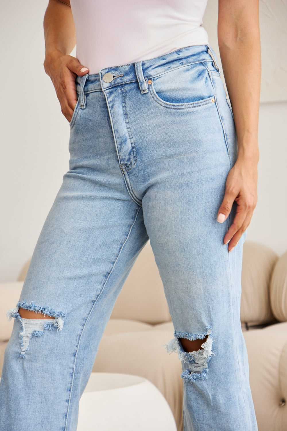 RFM Tummy Control High Waist Raw Hem Distressed Jeans - Tigbul's Variety Fashion Shop