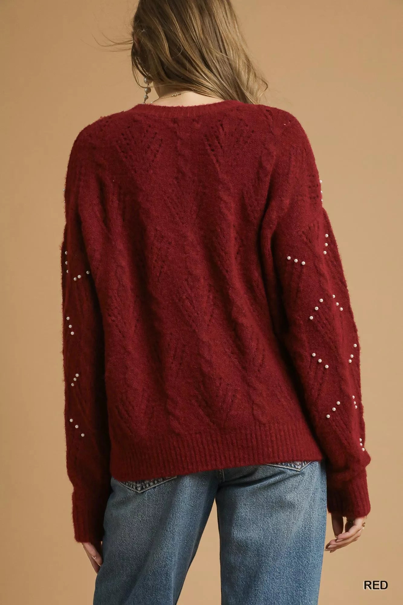 Umgee Pearl-Embellished Long Sleeve Sweater - Tigbul's Variety Fashion Shop