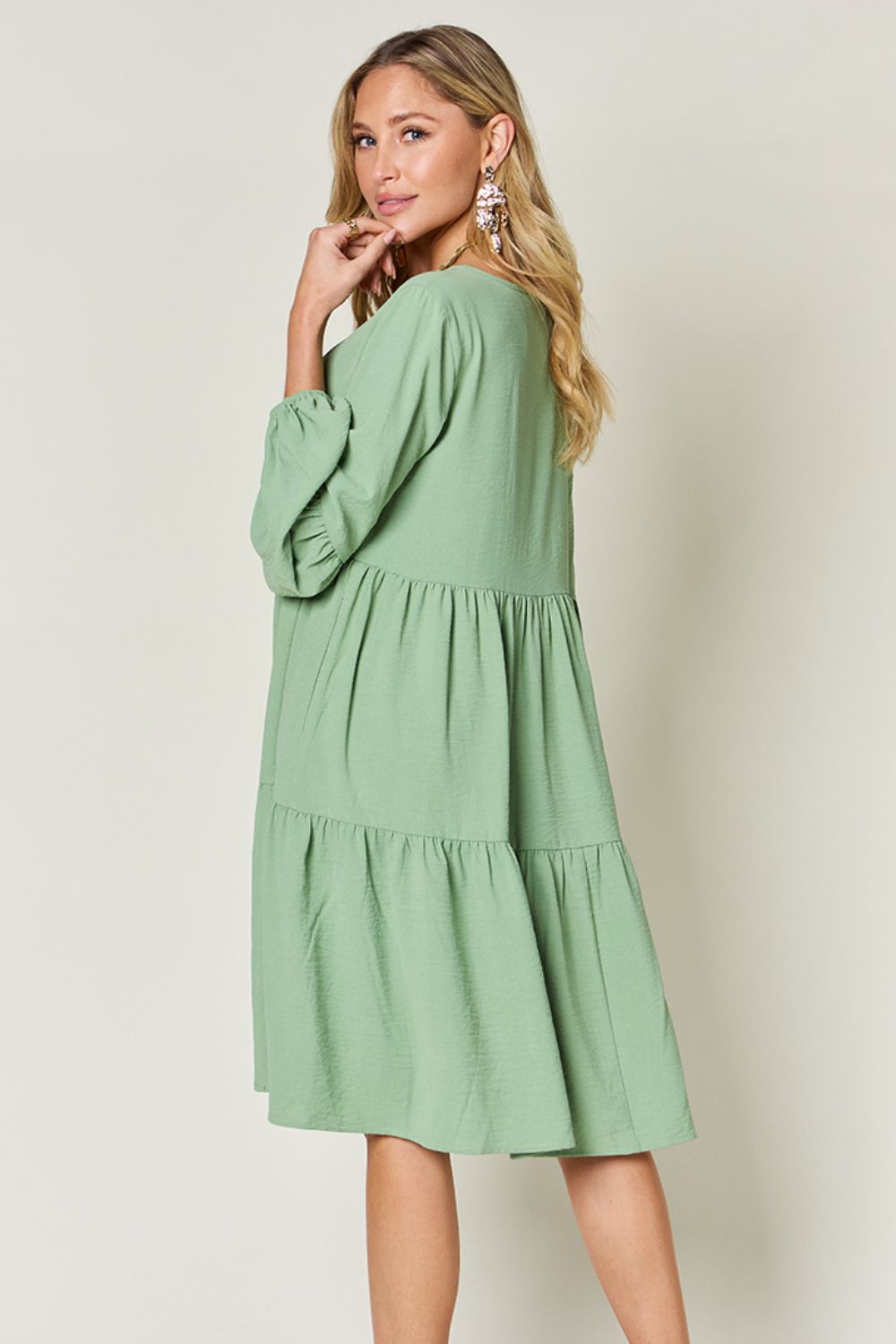 V-Neck Balloon Sleeve Tiered Dress with Pockets - Tigbul's Variety Fashion Shop