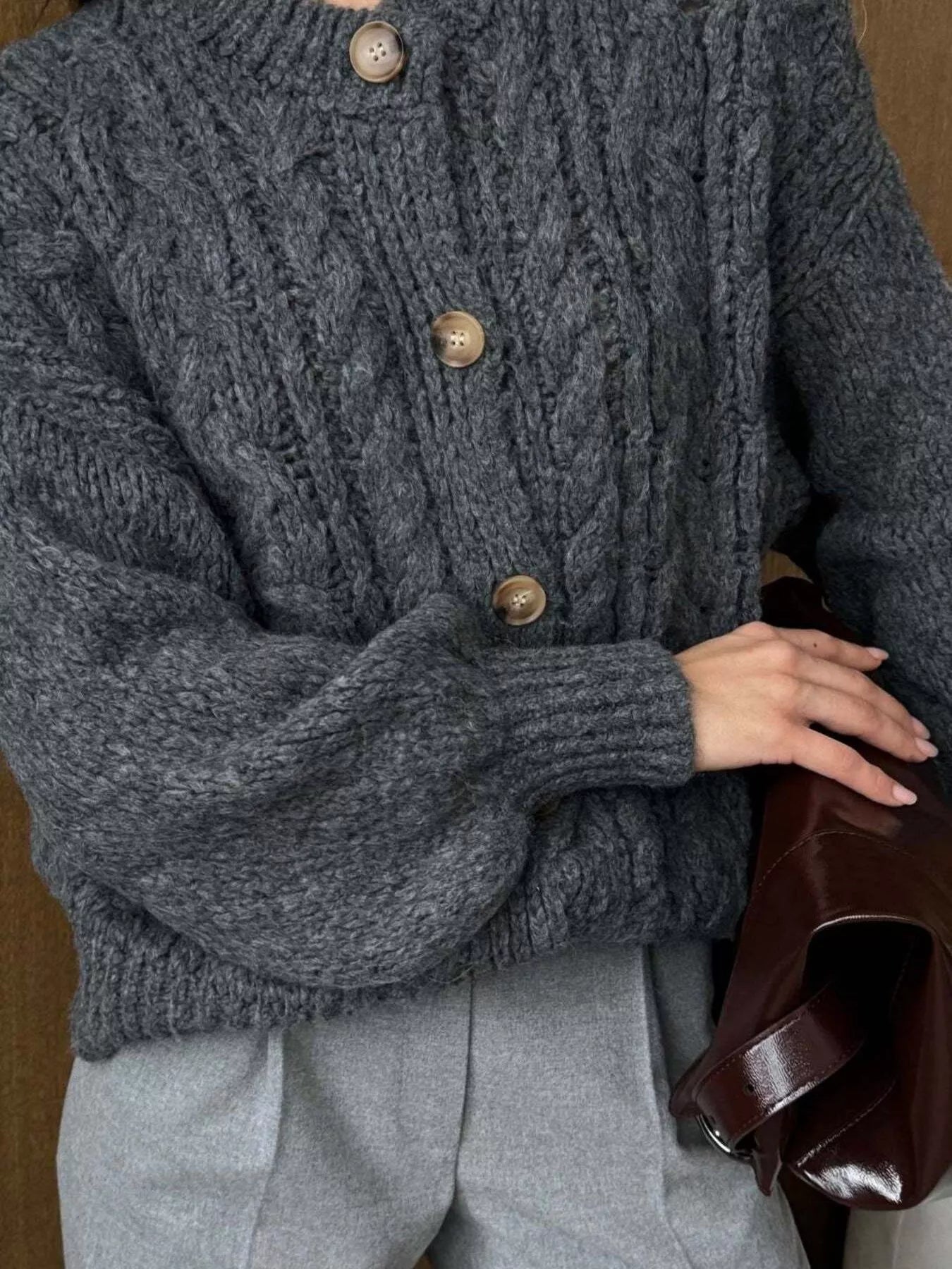 Cable Knit Button-Down Cardigan - Tigbul's Variety Fashion Shop