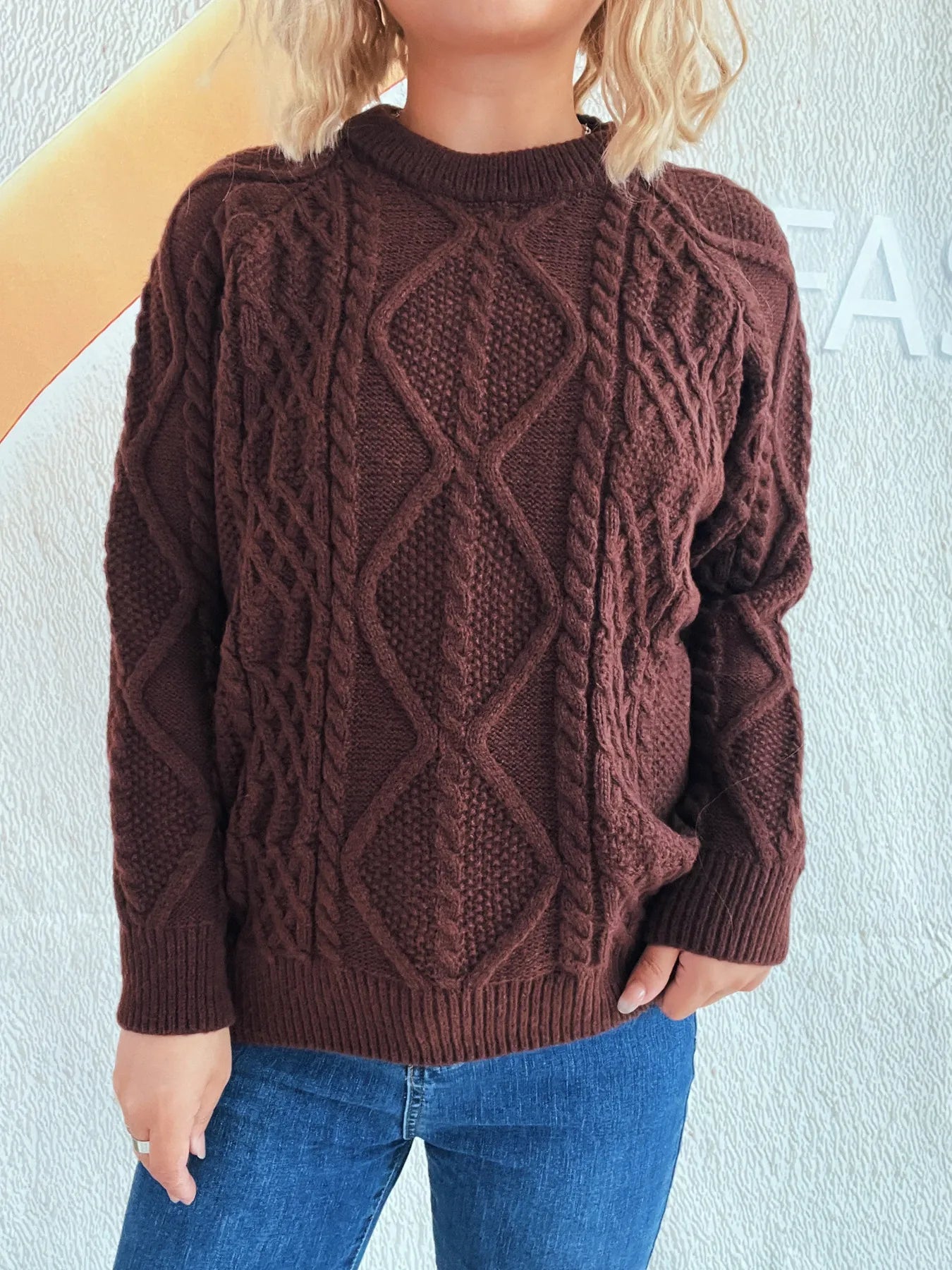 Cable Knit Long Sleeve Sweater - Tigbul's Variety Fashion Shop