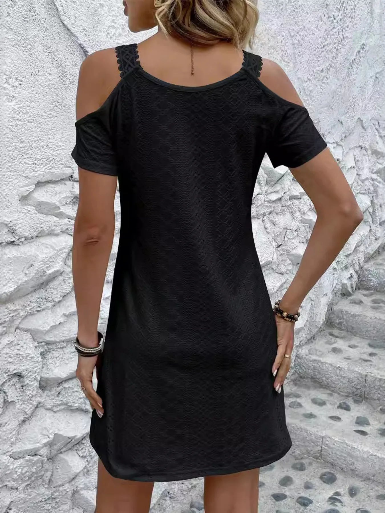 Cold Shoulder Short Sleeve Eyelet Mini Dress - Tigbul's Variety Fashion Shop