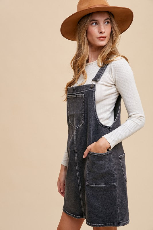 Black Wide Strap Denim Overall Dress with Pockets - Tigbul's Variety Fashion Shop