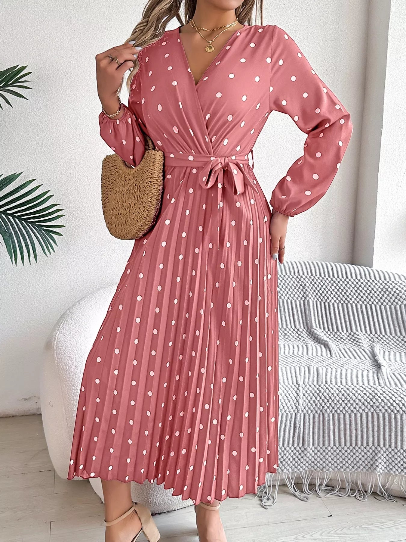Front Tie Polka Dot Midi Pleated Dress - Tigbul's Variety Fashion Shop