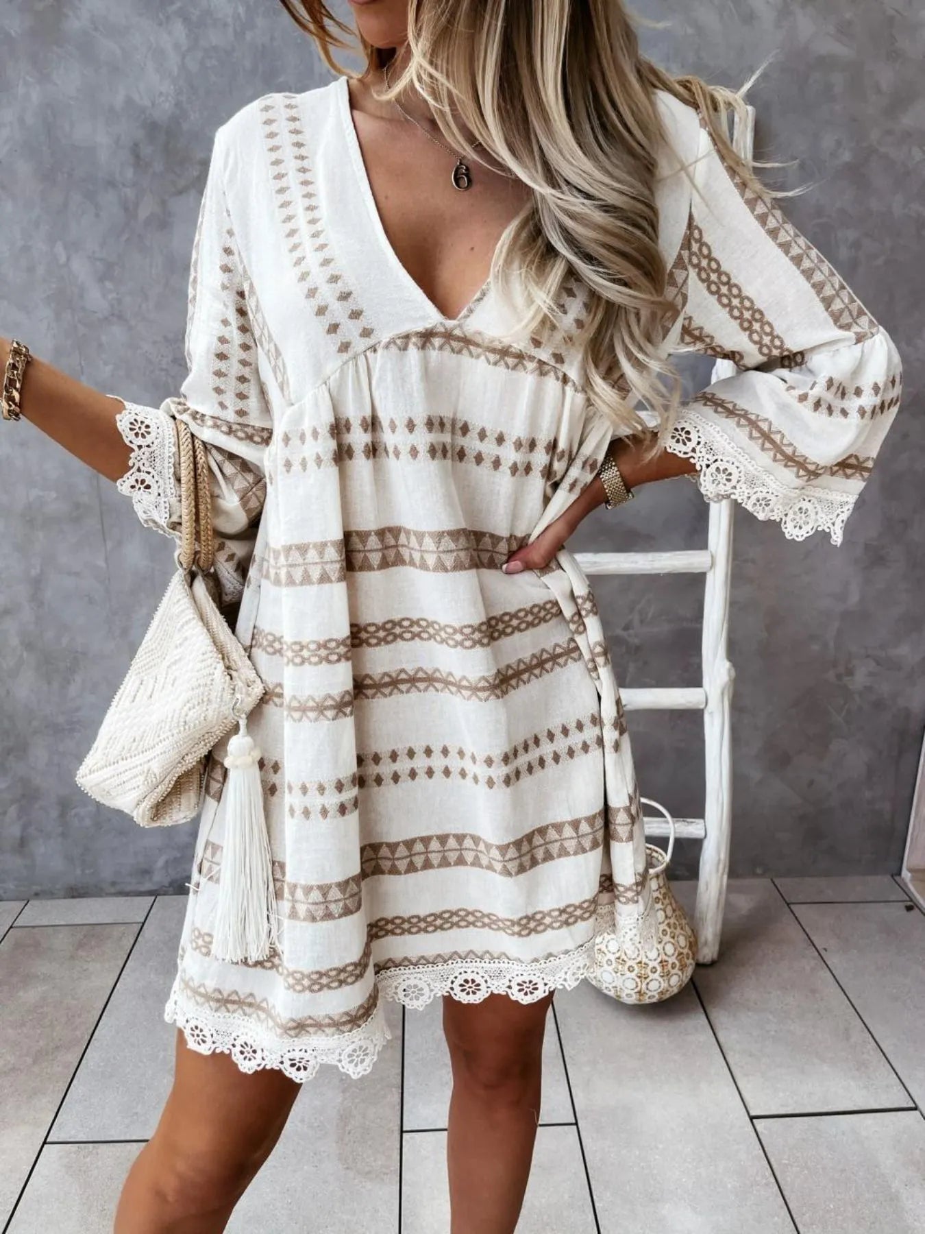 V-Neck Lace Trim Striped Babydoll Dress - Tigbul's Variety Fashion Shop