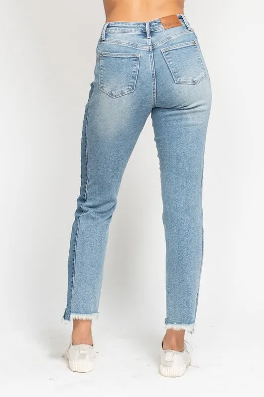 Judy Blue Full Size Vintage Wash Side Panel Detail with Fray Hem Slim Plus Size - Tigbul's Variety Fashion Shop