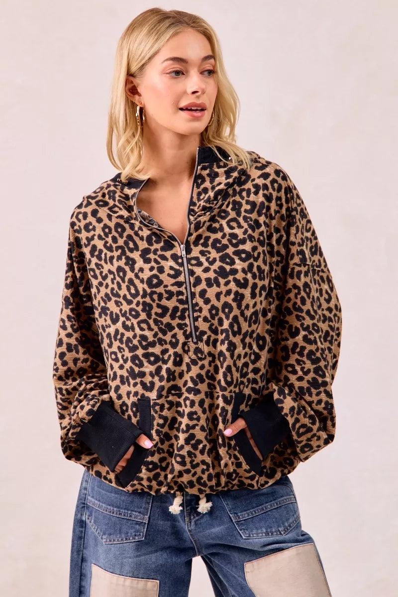 BiBi Leopard Print Waffle Half Zip Up Hoodie W Pocket - Tigbul's Variety Fashion Shop