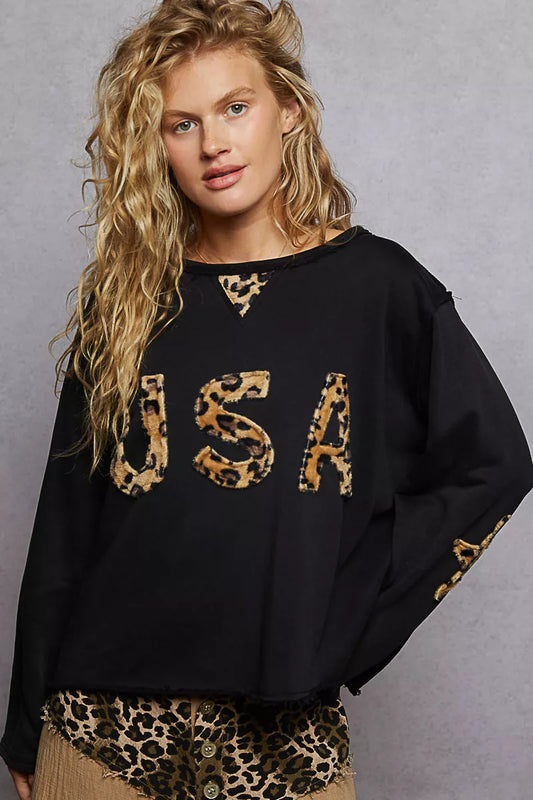 POL Round Neck Long Sleeve French Terry Sweatshirt with USA Letter Animal Patch - Tigbul's Variety Fashion Shop