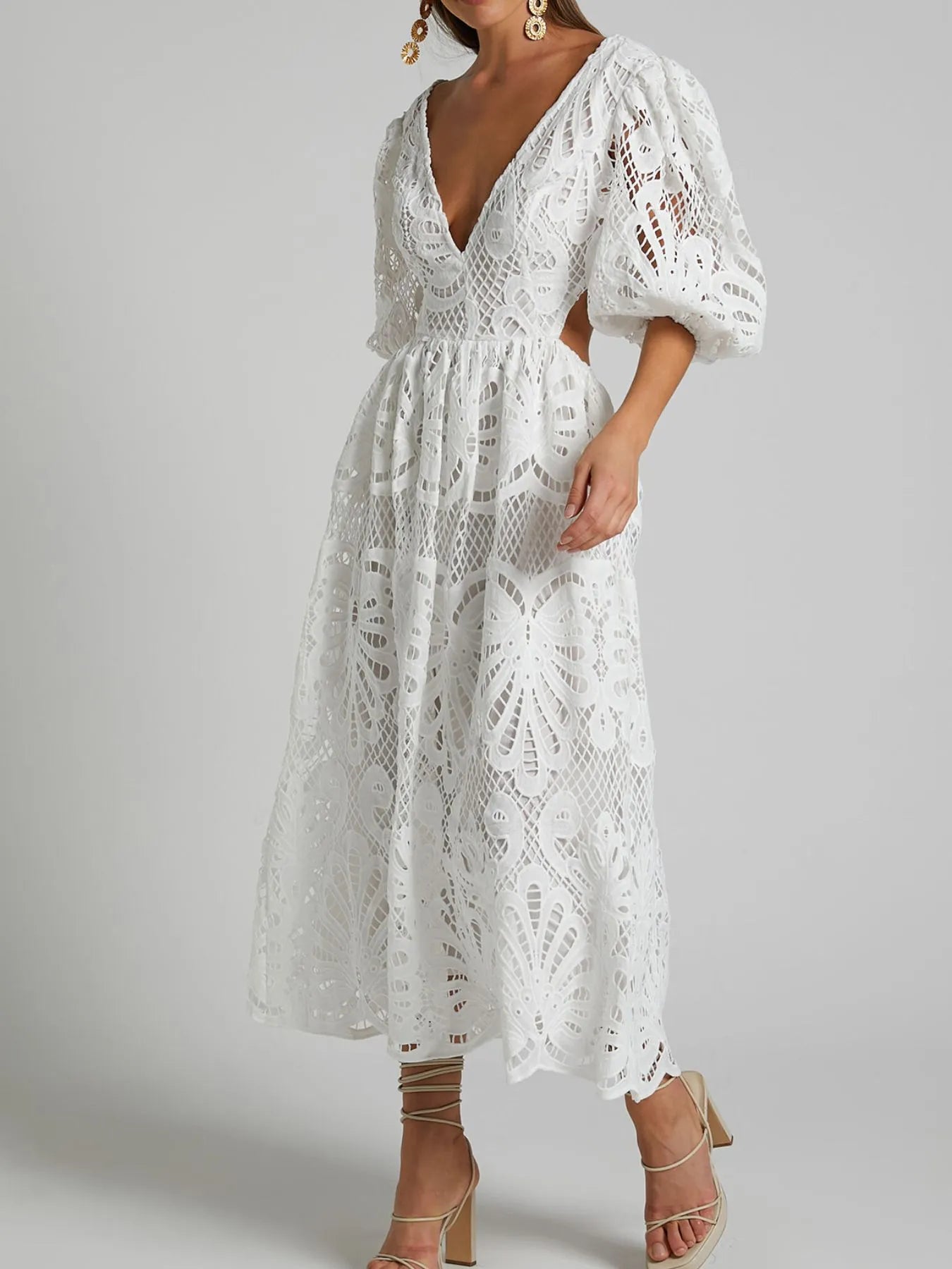 Cutout Back Lace Crochet V-Neck Dress - Tigbul's Variety Fashion Shop