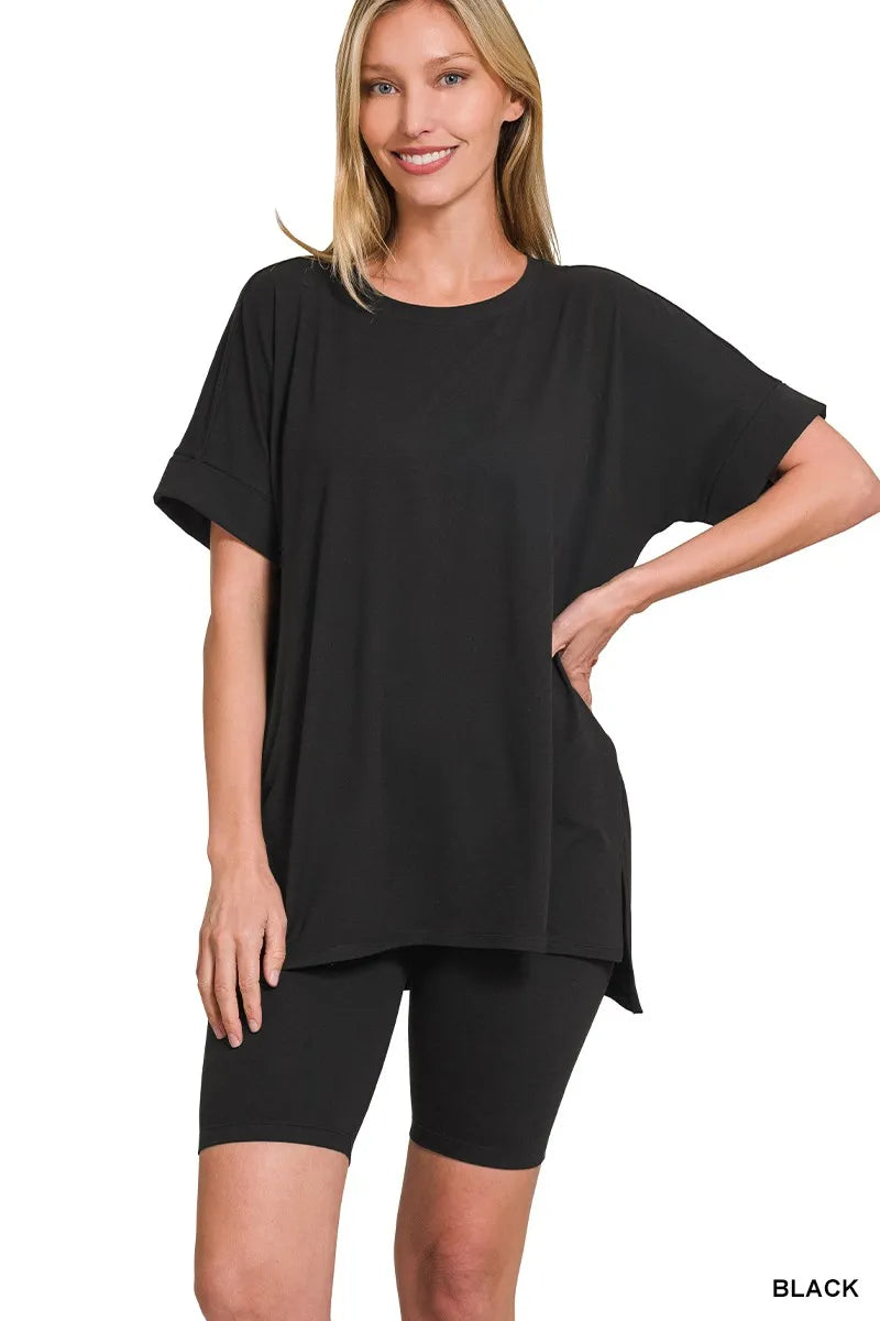 Zenana Brushed Dty Microfiber Round Neck Top and Biker Shorts Set - Tigbul's Variety Fashion Shop