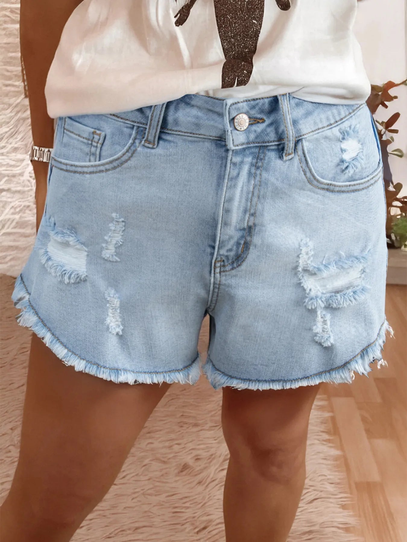 High Rise Distressed Raw Hem Denim Shorts - Tigbul's Variety Fashion Shop