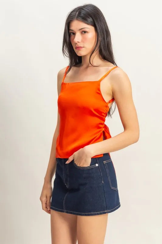 Red Satin Back Tie Detail Cami - Tigbul's Variety Fashion Shop