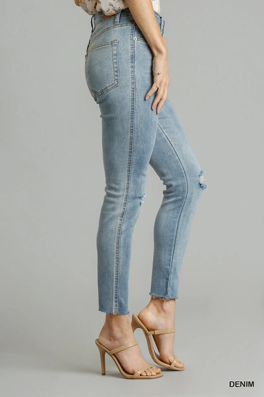 Umgee 5-Pockets Distressed Detail Stretch Denim Skinny Jeans with Unfinished Hem - Tigbul's Variety Fashion Shop