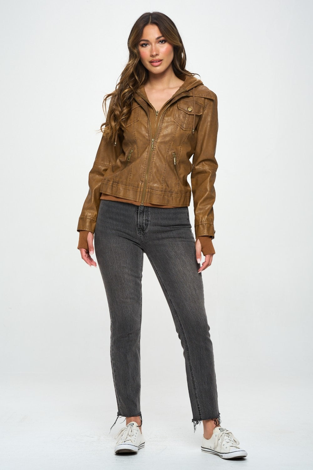 Brown Double Zip Hooded Long Sleeve Jacket - Tigbul's Variety Fashion Shop