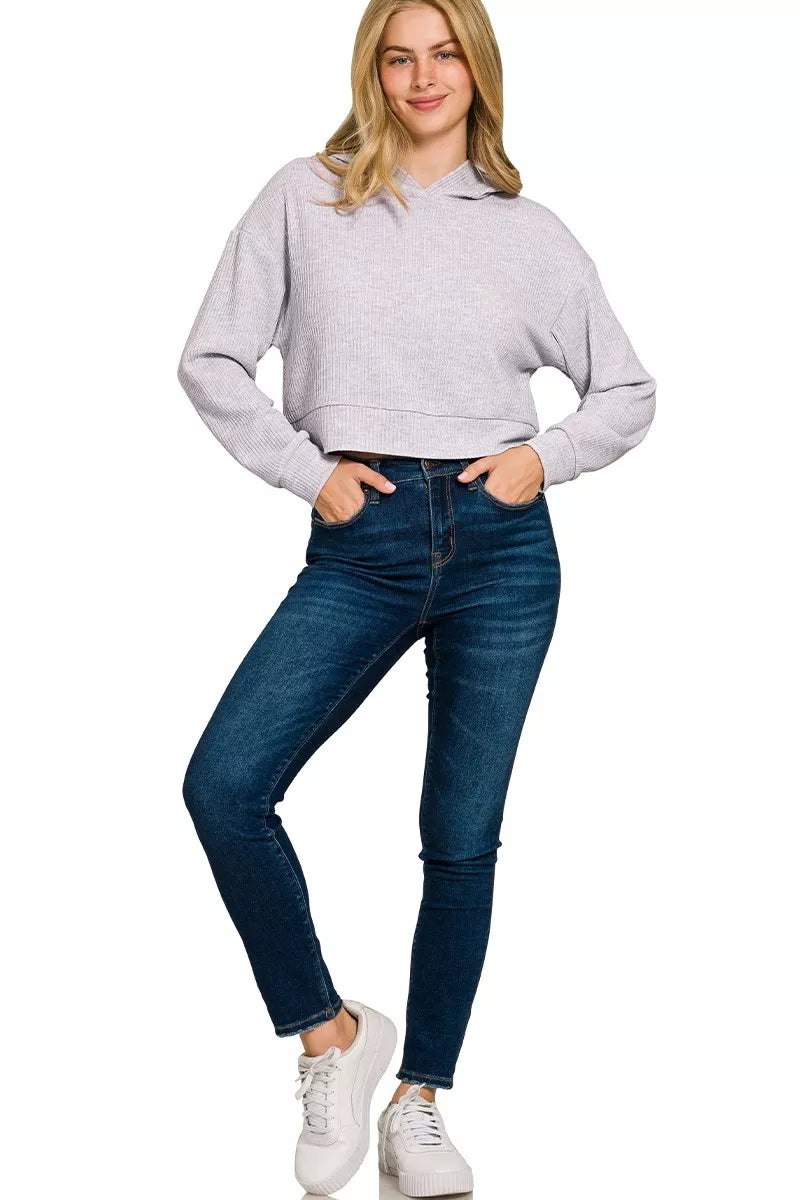 Zenana Drop Shoulder Ribbed Crop Hoodie - Tigbul's Variety Fashion Shop