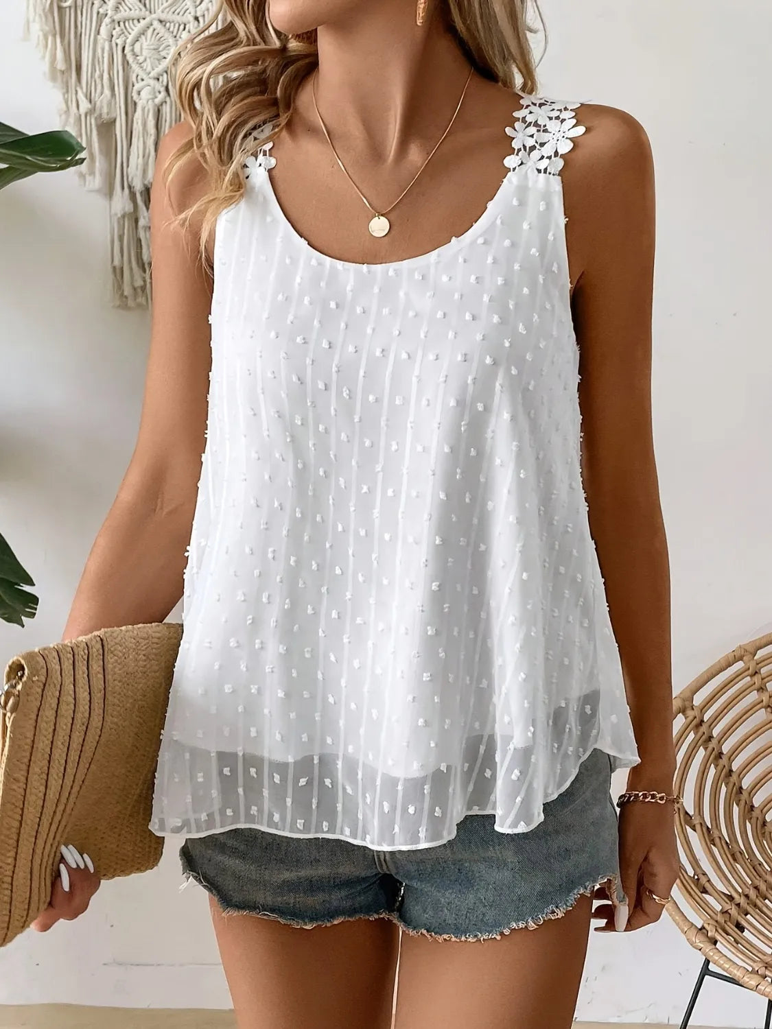 White Swiss Dot Scoop Neck Cami - Tigbul's Variety Fashion Shop