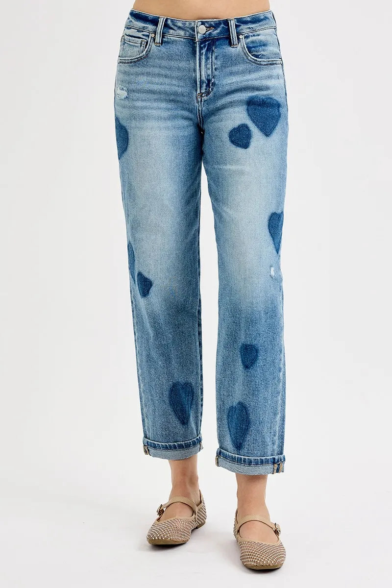 RISEN Full Size Mid Rise Fit-boyfriend Heart Shade Jeans Plus Size - Tigbul's Variety Fashion Shop