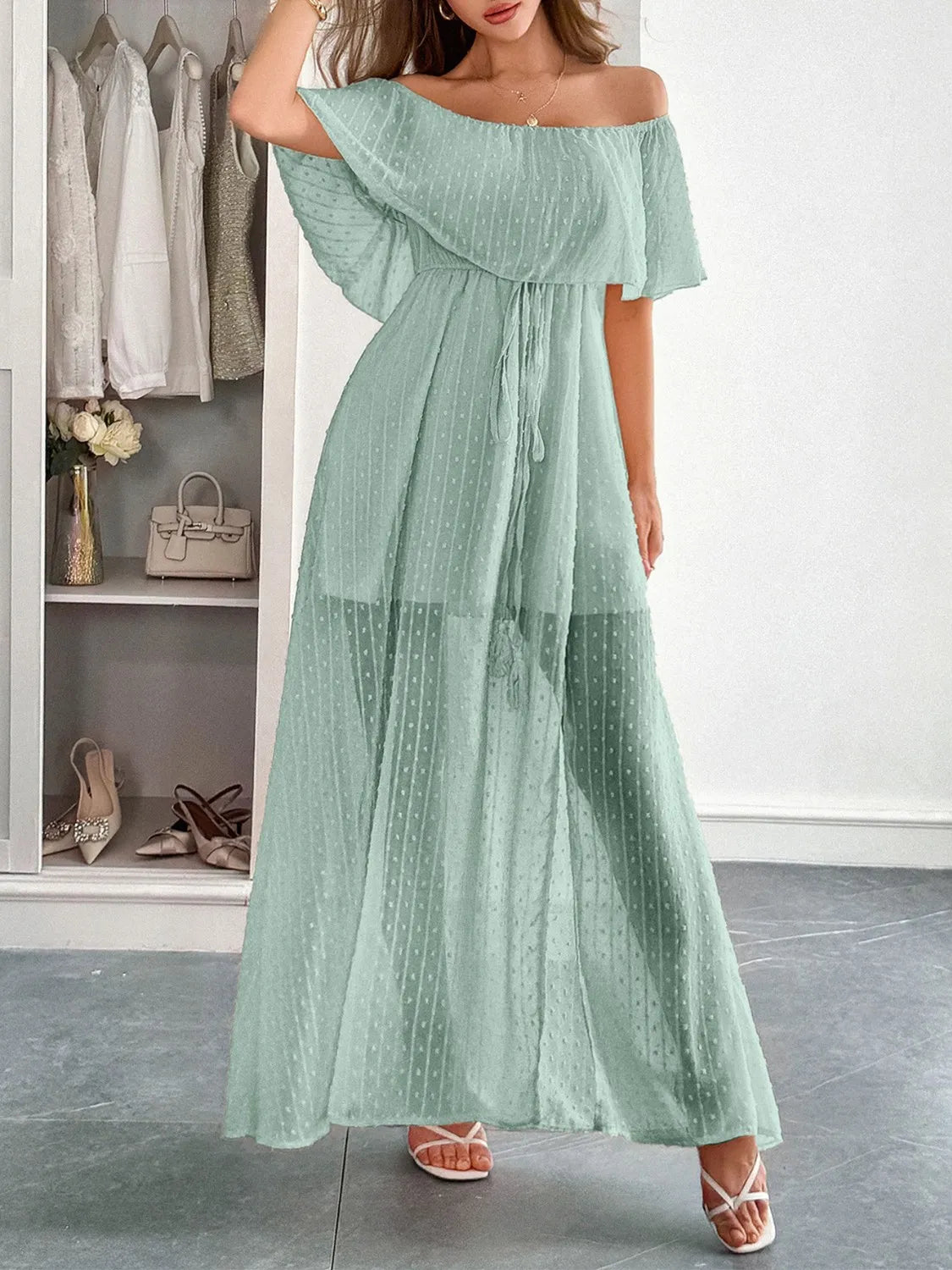 Swiss Dot Off Shoulder Maxi Dress - Tigbul's Variety Fashion Shop