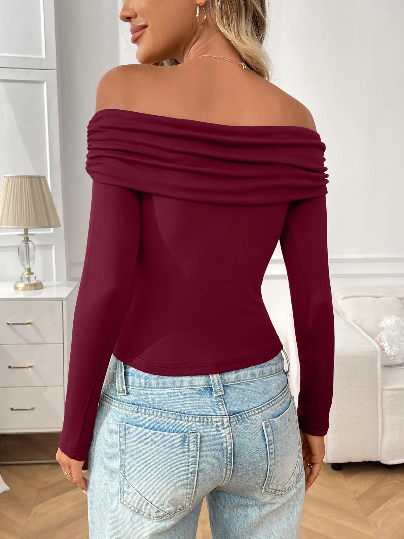 Off-Shoulder Long Sleeve Fitted T-Shirt - Tigbul's Variety Fashion Shop