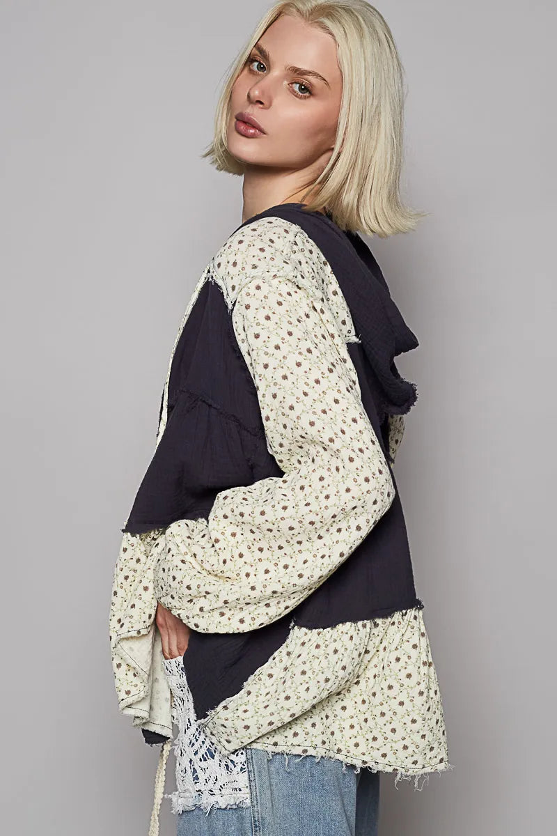 POL Color Block Printed Frayed Hem Hooded Shacket - Tigbul's Variety Fashion Shop