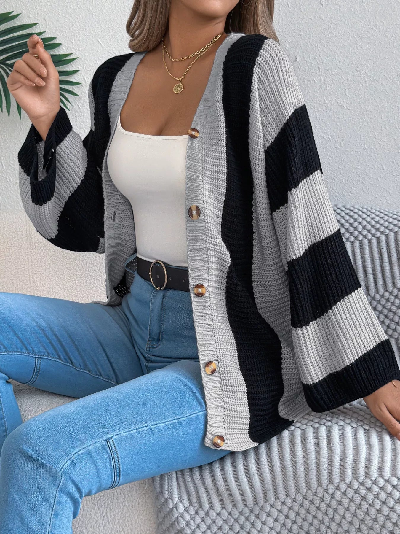 Color Block Button-Up Cardigan - Tigbul's Variety Fashion Shop