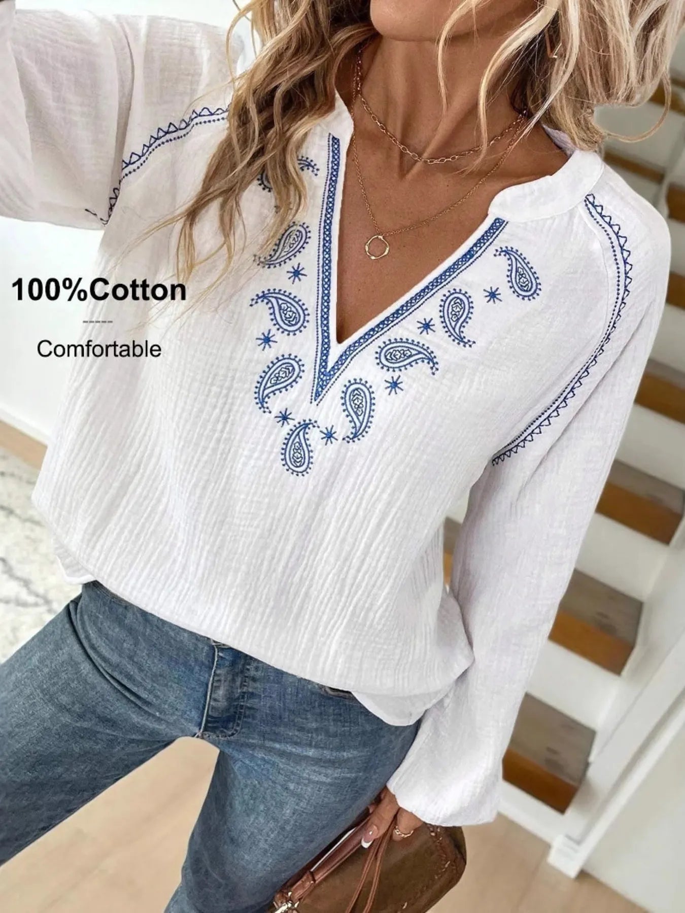Paisley Pattern Notched Long Sleeve Blouse - Tigbul's Variety Fashion Shop