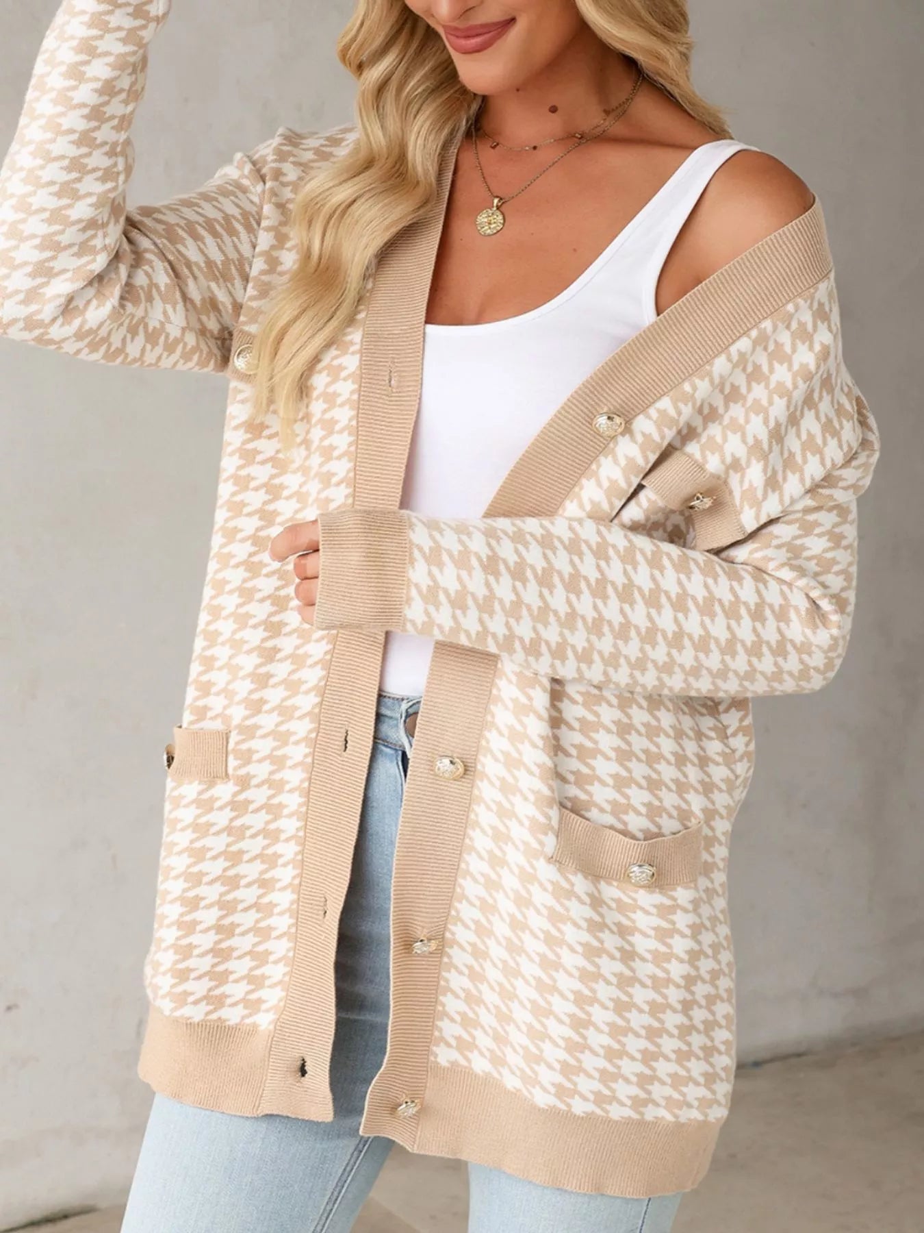 Contrast Edge Metal Button Slim Cardigan with Pockets - Tigbul's Variety Fashion Shop