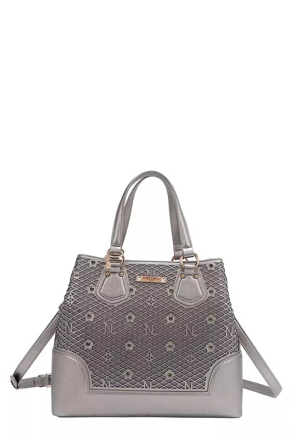 Nicole Lee USA Monogram Pattern Handbag with Rhinestones Decor - Tigbul's Variety Fashion Shop