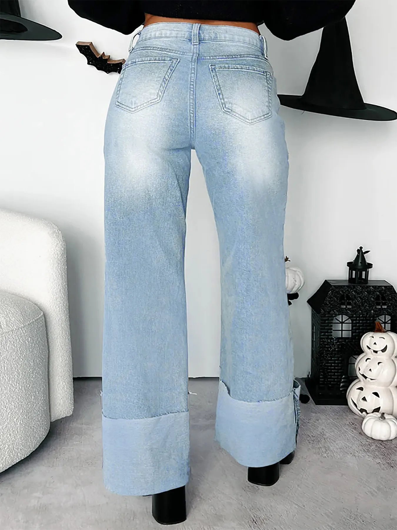 High-Waisted Wide-Leg Jeans with Cuffed Hem - Tigbul's Variety Fashion Shop