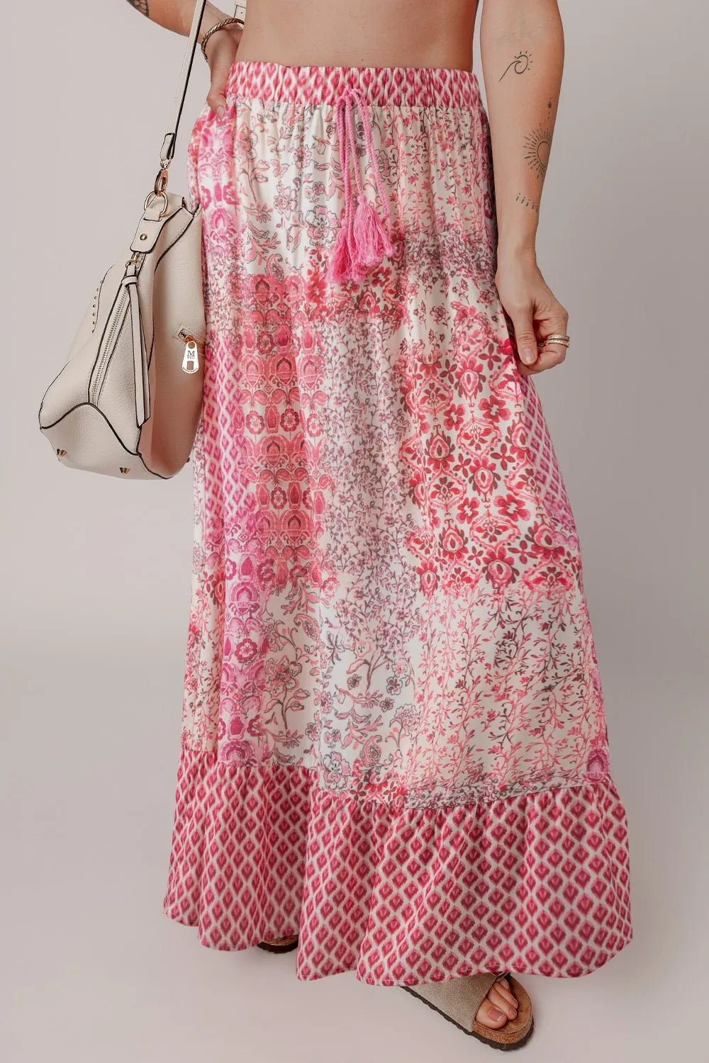 Printed Tassel Drawstring Pink High Waist Maxi Skirt - Tigbul's Variety Fashion Shop