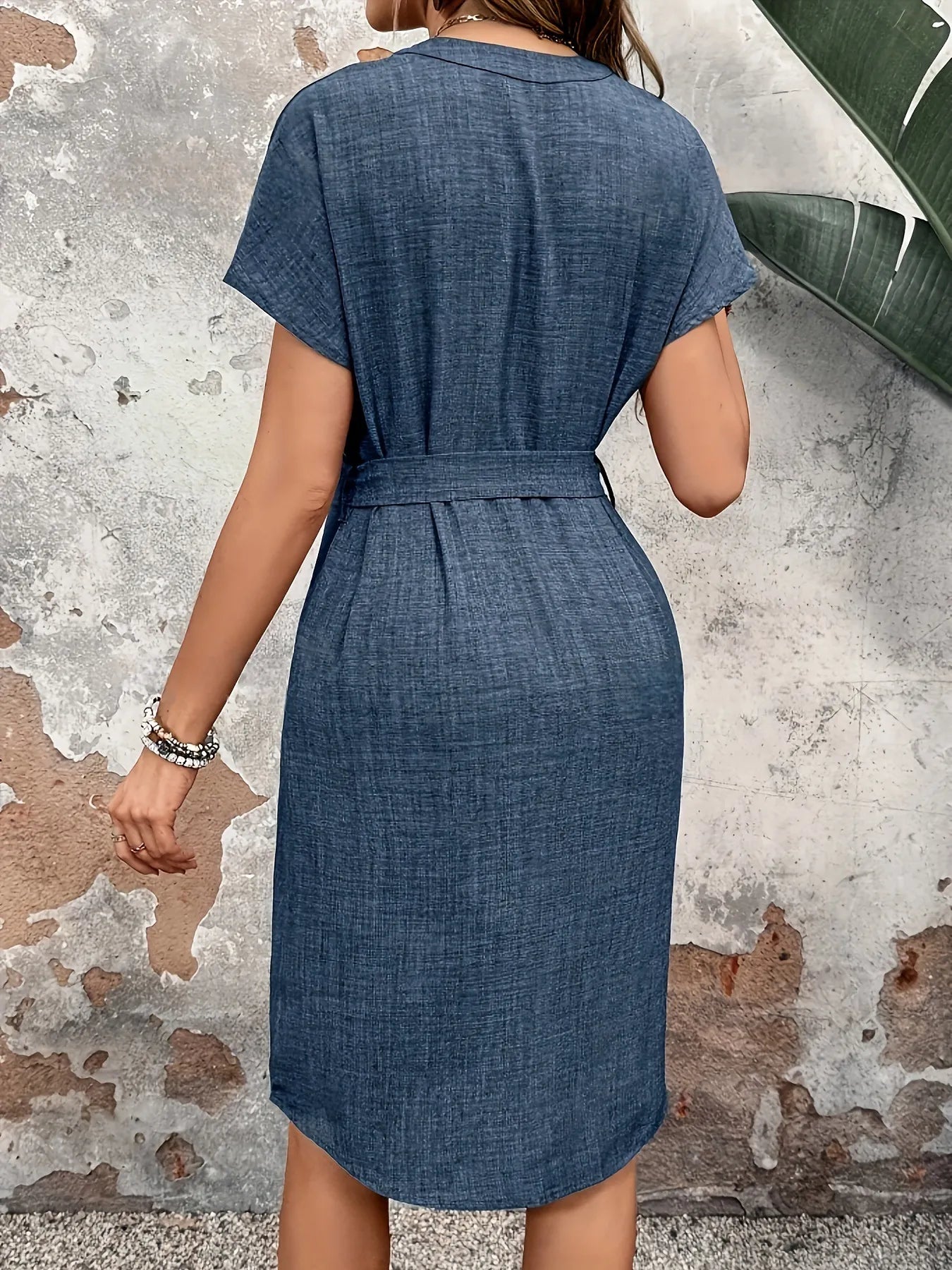 Casual Textured Notched Tie-Waist Dress - Tigbul's Variety Fashion Shop